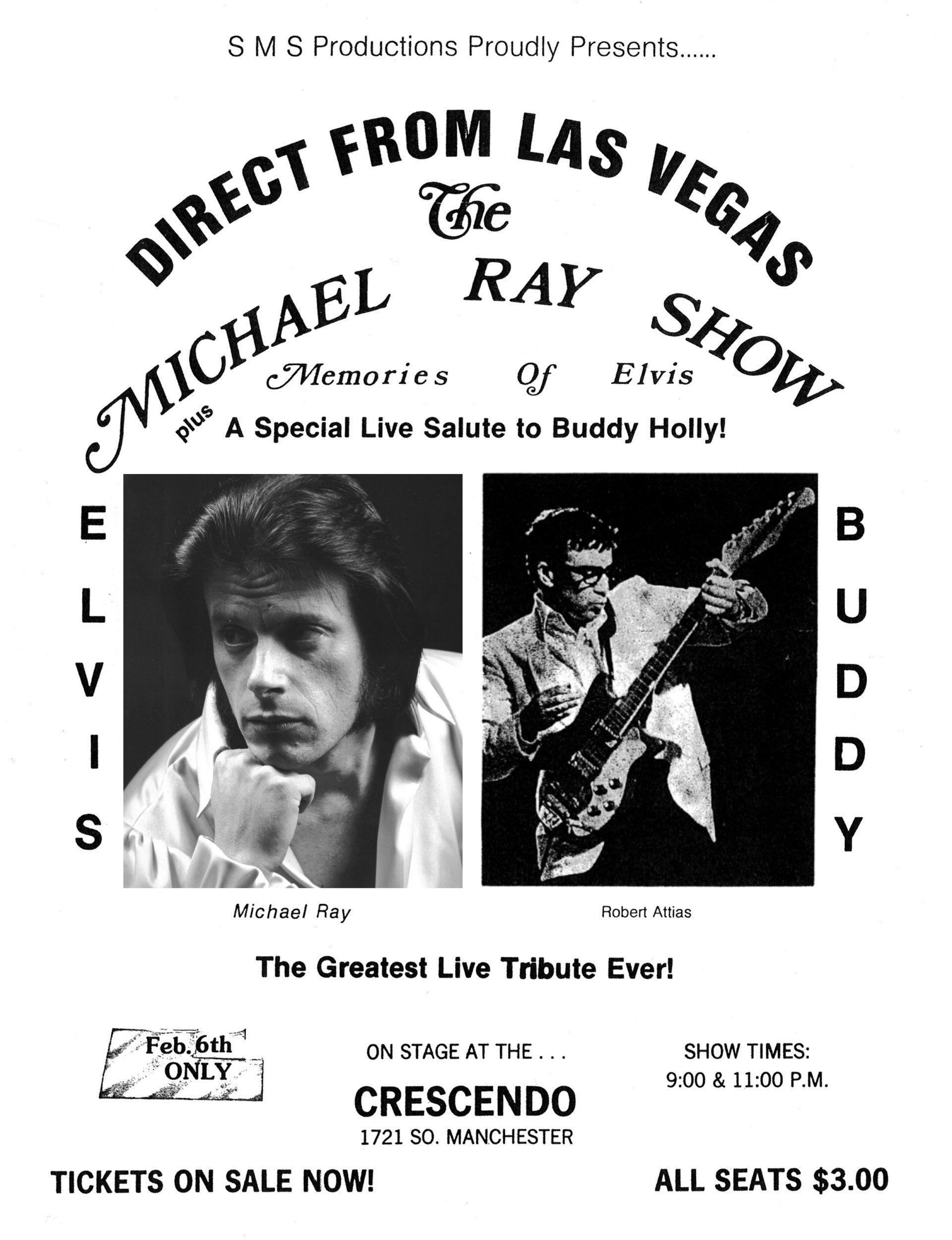 Elvis Presley and Buddy Holly concert poster, black-and-white, “Direct from Las Vegas” with live show details.